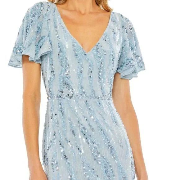 MAC DUGGAL 93591 SEQUINED V-NECK FLUTTER SLEEVE TEA LENGTH POWDER BULE GOWN 18 - Picture 2 of 9